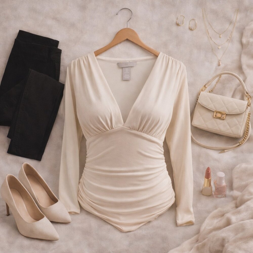 💙 H&M Cream Ruched Long Sleeve V-Neck Top Size M